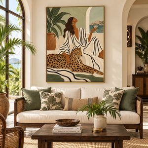 Tropical Lady with Leopard Portrait | 3D Textured Wall Art