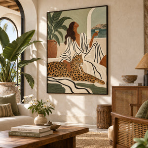 Tropical Lady with Leopard Portrait | 3D Textured Wall Art