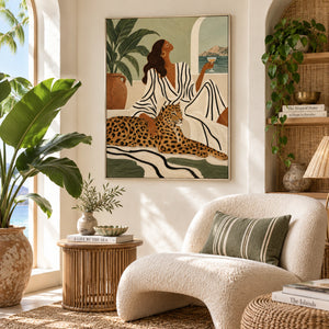 Tropical Lady with Leopard Portrait | 3D Textured Wall Art