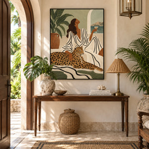 Tropical Lady with Leopard Portrait | 3D Textured Wall Art