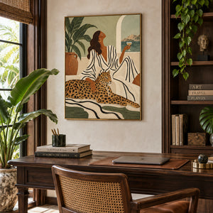 Tropical Lady with Leopard Portrait | 3D Textured Wall Art