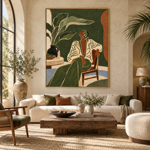Deep Green Relaxing Lady with Tropical Plant | 3D Textured Wall Art