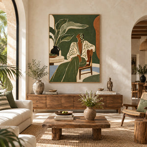 Deep Green Relaxing Lady with Tropical Plant | 3D Textured Wall Art