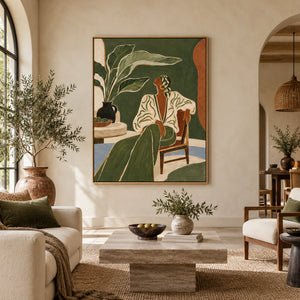 Deep Green Relaxing Lady with Tropical Plant | 3D Textured Wall Art