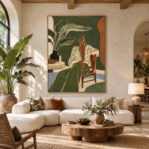 Deep Green Relaxing Lady with Tropical Plant | 3D Textured Wall Art