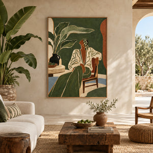 Deep Green Relaxing Lady with Tropical Plant | 3D Textured Wall Art