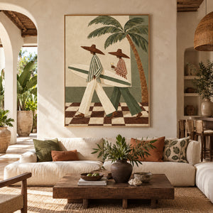 Retro Beach Couple Abstract Art | Warm Boho Wall Decor