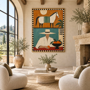 Retro Split Composition Figure & Horse Art | Warm Eclectic Wall Decor