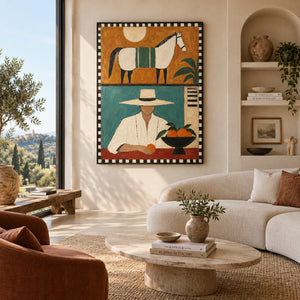 Retro Split Composition Figure & Horse Art | Warm Eclectic Wall Decor