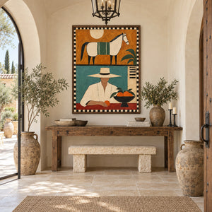Retro Split Composition Figure & Horse Art | Warm Eclectic Wall Decor
