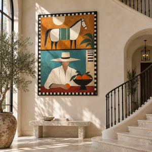 Retro Split Composition Figure & Horse Art | Warm Eclectic Wall Decor