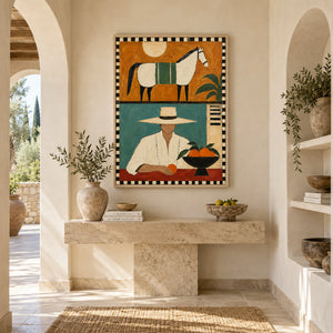 Retro Split Composition Figure & Horse Art | Warm Eclectic Wall Decor