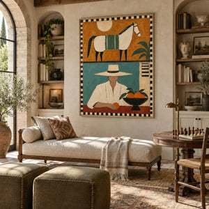 Retro Split Composition Figure & Horse Art | Warm Eclectic Wall Decor