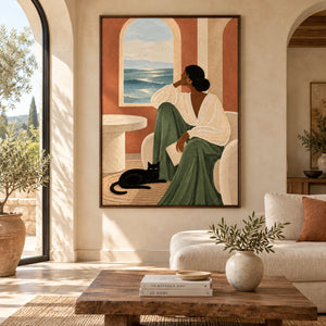 Mediterranean Lady Cat Portrait Art | Warm Boho Vertical Wall Decor