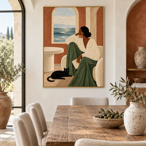 Mediterranean Lady Cat Portrait Art | Warm Boho Vertical Wall Decor