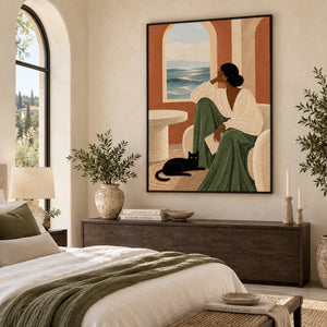 Mediterranean Lady Cat Portrait Art | Warm Boho Vertical Wall Decor