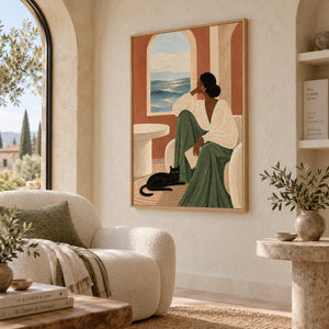 Mediterranean Lady Cat Portrait Art | Warm Boho Vertical Wall Decor
