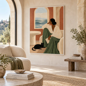 Mediterranean Lady Cat Portrait Art | Warm Boho Vertical Wall Decor