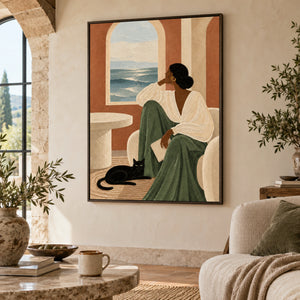 Mediterranean Lady Cat Portrait Art | Warm Boho Vertical Wall Decor