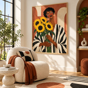 Black Lady with Sunflowers Portrait Art | 3D Textured Wall Art