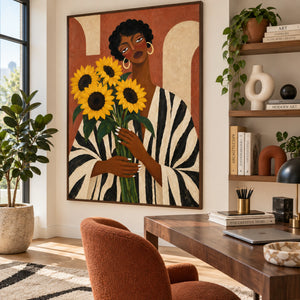 Black Lady with Sunflowers Portrait Art | 3D Textured Wall Art