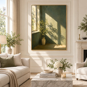 Green Vase in Sunlit Window Still Life Art | 3D Textured Wall Art