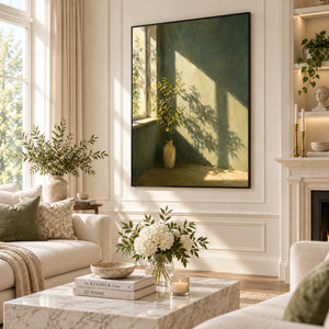 Green Vase in Sunlit Window Still Life Art | 3D Textured Wall Art