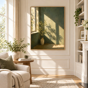 Green Vase in Sunlit Window Still Life Art | 3D Textured Wall Art