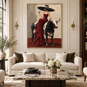 Lady in Red Gown on Longhorn Art | 3D Textured Wall Art