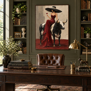 Lady in Red Gown on Longhorn Art | 3D Textured Wall Art