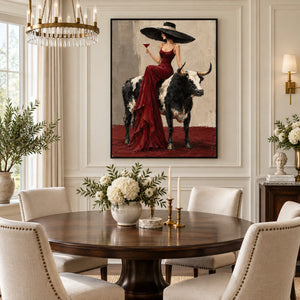 Lady in Red Gown on Longhorn Art | 3D Textured Wall Art