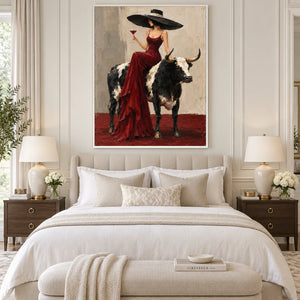 Lady in Red Gown on Longhorn Art | 3D Textured Wall Art