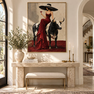 Lady in Red Gown on Longhorn Art | 3D Textured Wall Art