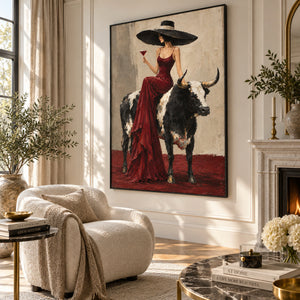 Lady in Red Gown on Longhorn Art | 3D Textured Wall Art