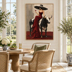 Lady in Red Gown on Longhorn Art | 3D Textured Wall Art