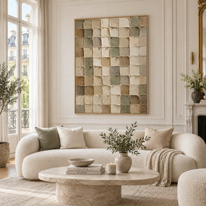 Beige Green Gray Geometric Block Art | 3D Textured Wall Art