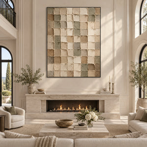 Beige Green Gray Geometric Block Art | 3D Textured Wall Art