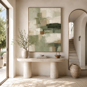 Green Geometric Blocks | Muted Abstract Wall Piece