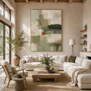 Green Geometric Blocks | Muted Abstract Wall Piece