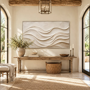 Cream Layered Wave Relief | Thick Impasto Canvas Painting