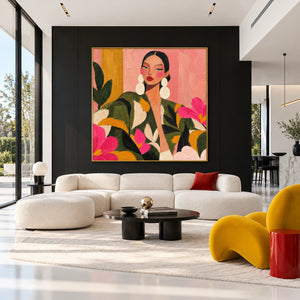 Vibrant Floral Lady Portrait | Thick Impasto Wall Art