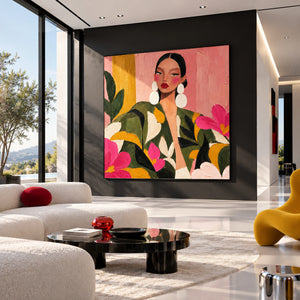 Vibrant Floral Lady Portrait | Thick Impasto Wall Art