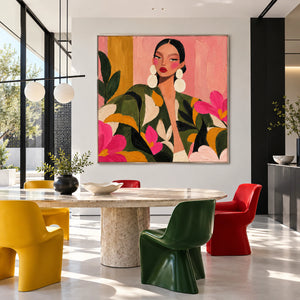 Vibrant Floral Lady Portrait | Thick Impasto Wall Art