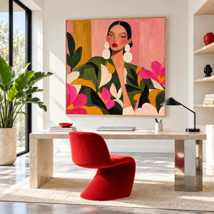 Vibrant Floral Lady Portrait | Thick Impasto Wall Art