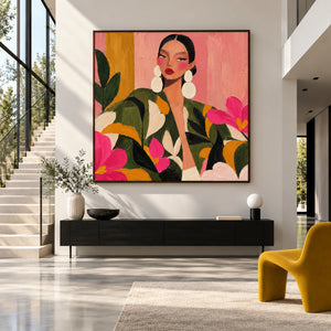 Vibrant Floral Lady Portrait | Thick Impasto Wall Art