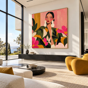 Vibrant Floral Lady Portrait | Thick Impasto Wall Art
