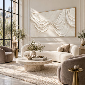 Off White Draped Fabric Plaster Art | 3D Textured Wall Art