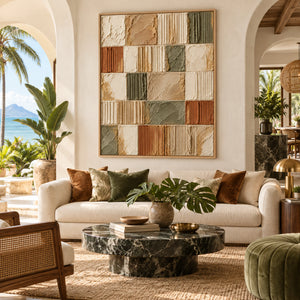 Earth Tone Grid Plaster Abstract | 3D Textured Wall Art