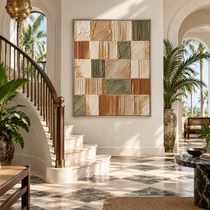 Earth Tone Grid Plaster Abstract | 3D Textured Wall Art