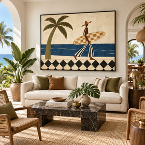 Retro Tropical Surfer Figure Art | Bright Coastal Horizontal Wall Decor